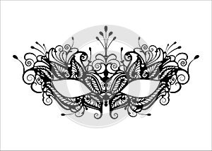 Carnival mask icon black silhouette isolated on white background. laser cut mask with Venetian embroidery floral decoration