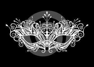 Carnival mask icon white silhouette isolated on black background. laser cut mask with Venetian embroidery floral decoration