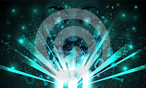 Mask anonymous computer hacker on blue background with hacked binary code. Anonymous hacker activist group. hacking computer