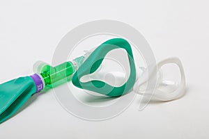 Mask with bag valve for lung inhalation. medical breathing mask set.