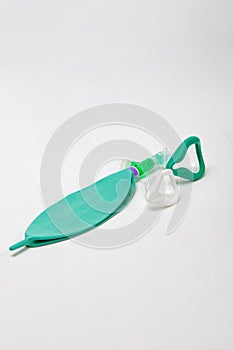 Mask with bag valve for lung inhalation. medical breathing mask set.