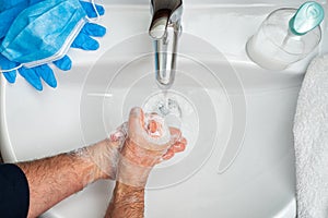 Mask, gloves and hand washing to prevent the Coronavirus infection. Covid-19 pandemic prevention