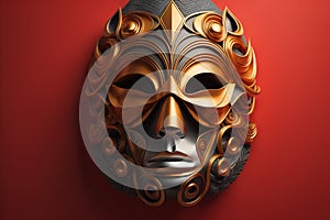 a mask with a golden pattern on a red background. generative ai