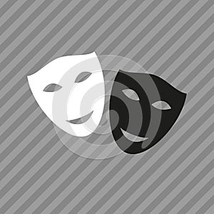 Mask icon. Theater symbol. Black and white theatrical masks. Carnival masks. Vector illustration.