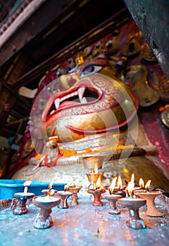 Mask of Majestic Swet Bhairav. The full mask is usually put on display during Indra Jatra Festival in Nepal. selective focus