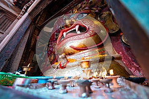 Mask of Majestic Swet Bhairav. The full mask is usually put on display during Indra Jatra Festival in Nepal. selective focus