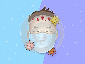 Mask on the man`s face on a background with floating coronavirus and virus particles around. Concept of coronavirus quarantine.