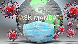 Mask mandate and covid - Earth globe protected with a blue mask against attacking corona viruses to show the relation between Mask