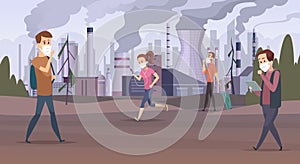 Mask pollution. Smog in city urban factory sad people in mask bad environment vector