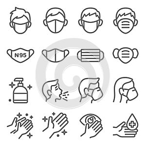 Mask protection virus icon set vector illustration. Contains such icon as clean, sneeze, mask, hand washing, hand sanitizer and mo