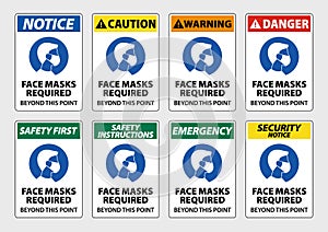 Mask required beyond this point warning and caution sign collection eps10 vector photo