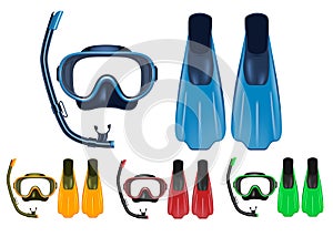 Mask, Snorkel and Fins 3D Realistic Set with Different Colors for Snorkeling, Free Diving and Scuba Diving Activities