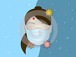 Mask on the woman`s face on a background with floating coronavirus and virus particles around. Concept of coronavirus quarantine.