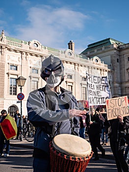 Masked Anti-Vax Covid-19 Protester in Vienna, Austria