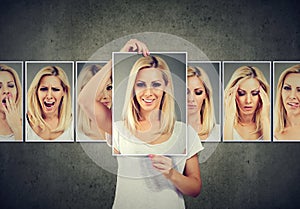 Masked blonde young woman expressing different emotions