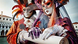 A masked couple dressed in luxurious Venetian carnival attire