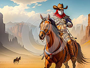 Masked desperado bandit riding horse in Wild West setting