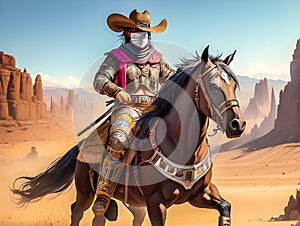 Masked desperado bandit riding horse in Wild West setting