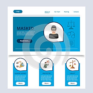 Masked flat landing page website template. Hungry money, protester, unjust. Web banner with header, content and footer