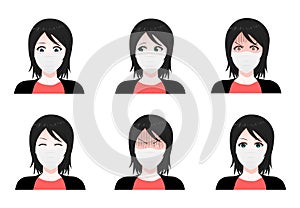 Masked girl. Set of Vector Cartoon Anime Style Expressions. Kawaii Cute Faces. Different Eyes, Mouth, Eyebrows. Anime