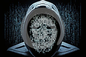 Masked hacker in the hood. Abstract digital artwork. Ai generative