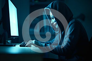 Masked hacker, working on computer. Conceptual illustration. Generative AI