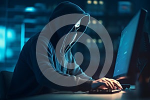 Masked hacker, working on computer. Conceptual illustration. Generative AI