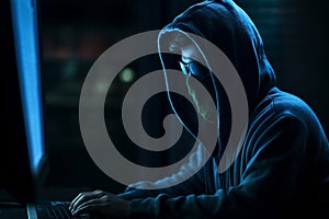 Masked hacker, working on computer. Conceptual illustration. Generative AI