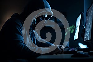 Masked hacker, working on computer. Conceptual illustration. Generative AI
