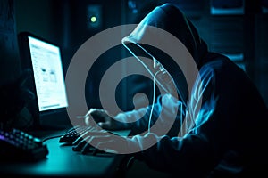 Masked hacker, working on computer. Conceptual illustration. Generative AI