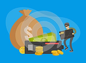Masked Man Stealing Money and Credit Card, Thief Committing Robbery, Lawless Financial Criminal Scene Flat Vector photo