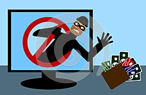 Masked man, theif want take money and credit card. Internet security. Vector illustration.