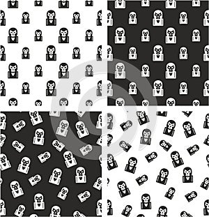 Masked Mexican Wrestler or Lucha Libre Avatar Big & Small Aligned & Random Seamless Pattern Set