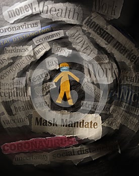 Masked paper cutout person with Mask Mandate news headline and surrounded by COVID related headlines