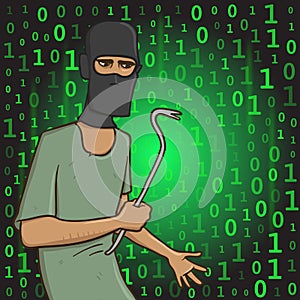 Masked robber with a puller on digital stream background. Hacker with the puller. Comic vector illustration.