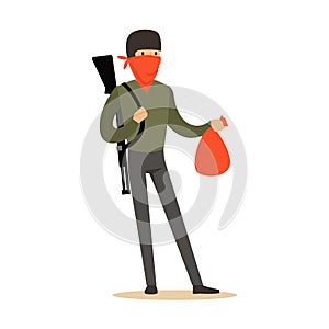 Masked robber with rifle on his shoulder carrying a bag, robbery colorful character vector Illustration