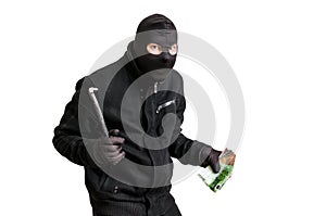 Masked thief in balaclava with crowbar isolated on white