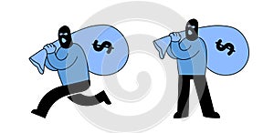 Masked thief or bank robber carrying a sack of money and running away, Cartoon character set of two. Flat vector