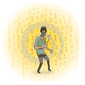 Masked thief with a puller on digital stream background. Hacker with the puller. Comic vector illustration.