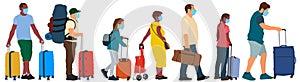 Masked tourists. Crowd of people with suitcases. Travel era of a pandemic COVID-19. Vector silhouette set