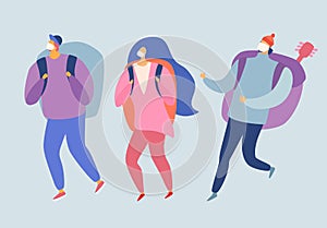 Masked tourists evacuate vector illustration. Man and woman with backpacks going photo