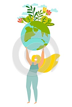 Masked woman taking care of Earth vector illustration