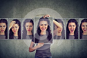 Masked woman expressing different emotions photo