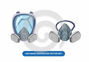 Masker gas respirator workwear in full face and half face vector set cartoon illustration isolated in white background