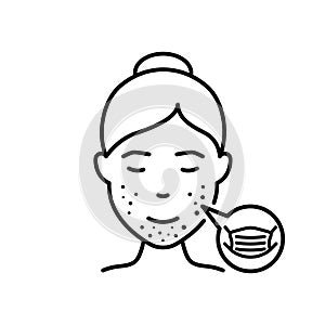 Maskne Concept. Facial Skin Irritation Line Icon. Comedo, Pimple, Allergic Cause Wear Medical Mask Outline Icon. Lady