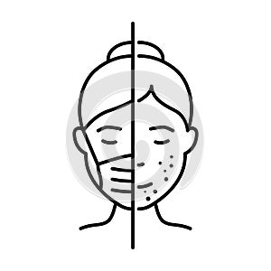 Maskne Facial Skin Irritation Line Icon. Lady with Mask Acne Face Trouble Linear Pictogram. Comedo, Pimple, Allergic