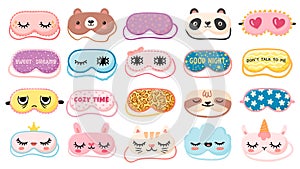 Masks for dreaming. Night mask with cute girl eyes, sleep quotes, panda, bear and cat faces. Cartoon animal mask for