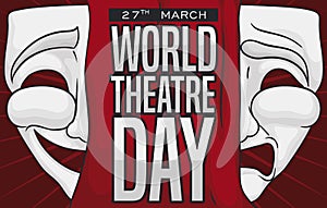 Masks with Red Curtains to Celebrate World Theatre Day, Vector Illustration