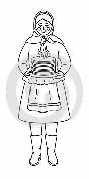 Maslenitsa or Shrovetide. Line art. Woman with pancakes and Russian tradition clothes