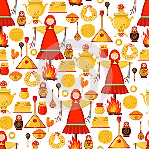 Maslenitsa or Shrovetide vector seamless pattern in flat style isolated on white background